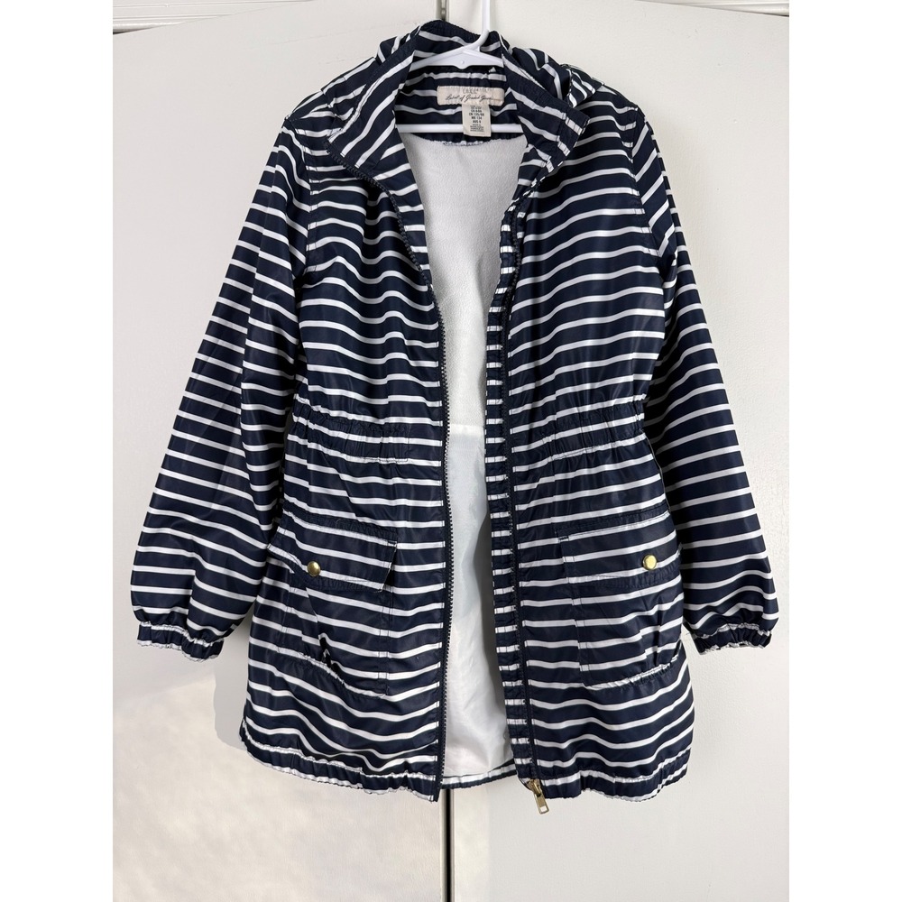 HM‎ LOGG Girls Navy White Striped Hooded Rain Jacket Parka Size 8-9Y Coat